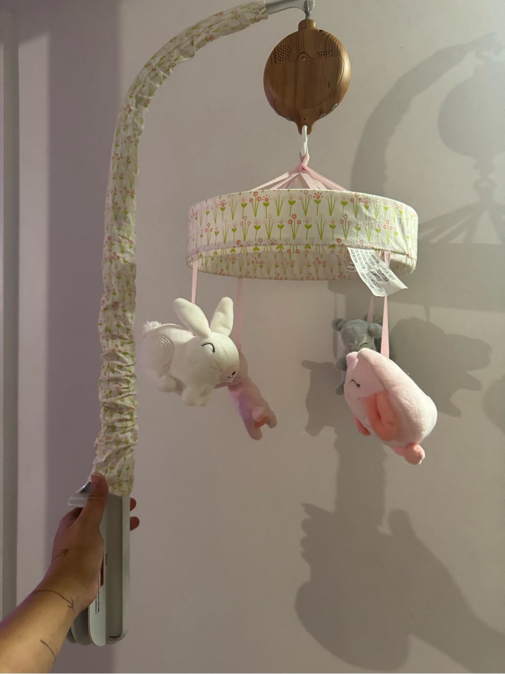 Soft Pink and White Plush Baby Mobile - Musical Hanging Crib Toy